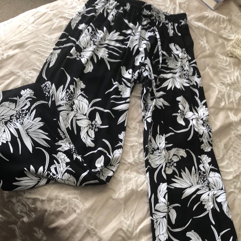 Floral Black and White Wide Leg Pants